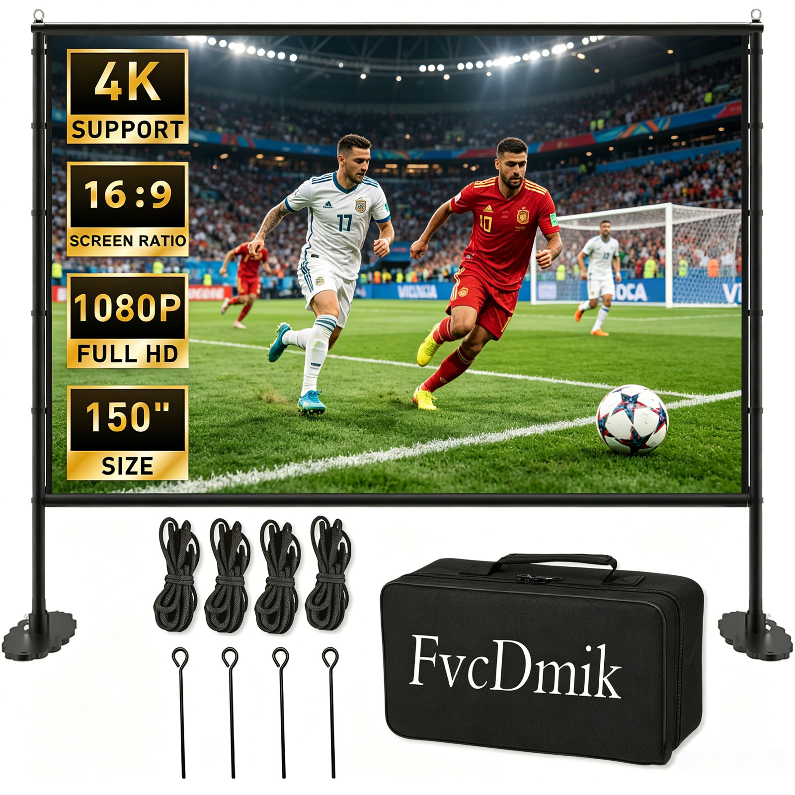 Home Cinema Events - 150インチプロジェクタースクリーン（スタンド付き）、スポーツイベントやサッカーの試合に最適、16:9 4K HDポータブル屋外映画スクリーン、しわになりにくい折りたたみ式屋内プロジェクションスクリーン、キャリーバッグと地面用釘付き、裏庭シネマホームシアター用