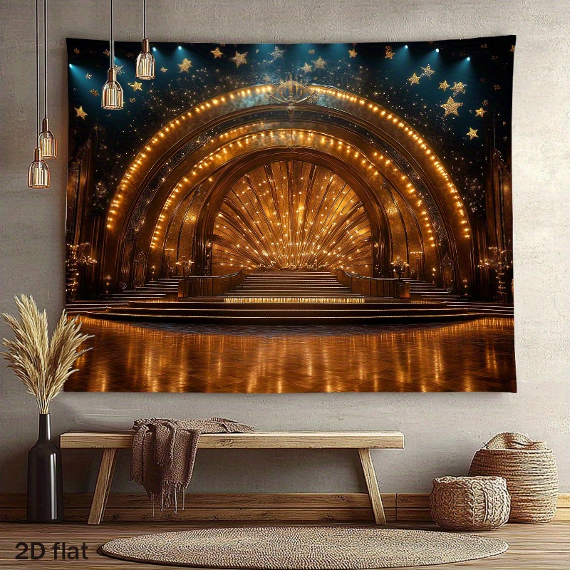 Home Cinema Events - 豪華なゴールデンシアターステージアーチライトスタースポットライトコンサートパフォーマンスイベント背景ホームシネマ音楽室壁装飾